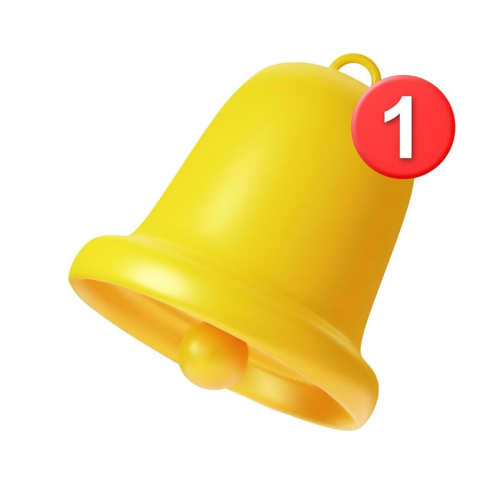 3d render Yellow notification bell with one new notification icon isolated on white background for social media reminder. Vector illustration