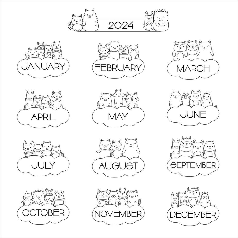 Monthly names set, animal cartoon doodle, cute drawing style, black outlines on white background, vector illustration.