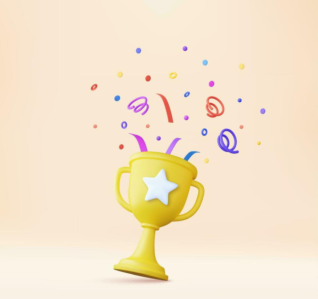 3d prize winner icon with golden cup, winners stars with objects floating around. prize award with confetti. 3d rendering. Vector illustration