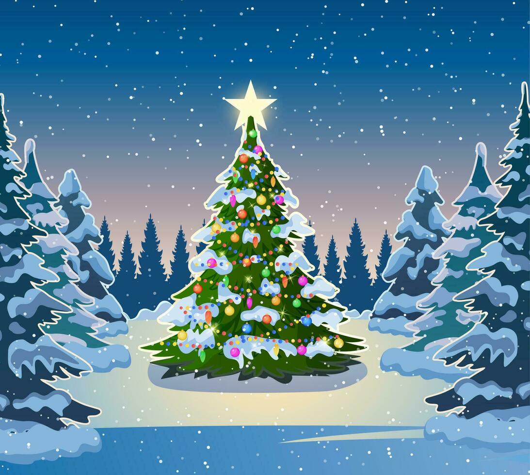 Merry Christmas and New Year holiday background. Winter Forest Landscape With Christmas Tree Holidays Banner. Vector illustration