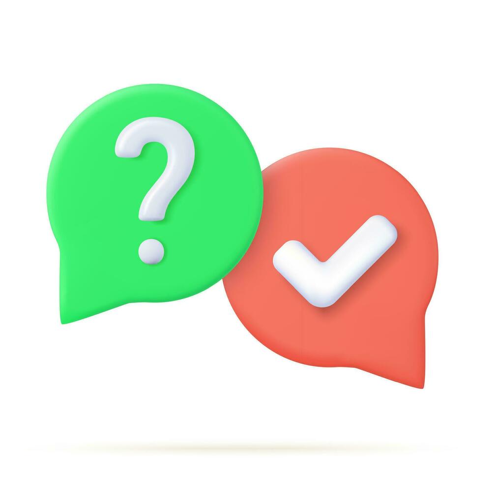 3d survey of the reaction of speech bubbles. Cancellation icons, confirmed signs of false rejection or clarification, question. 3d rendering. Vector illustration