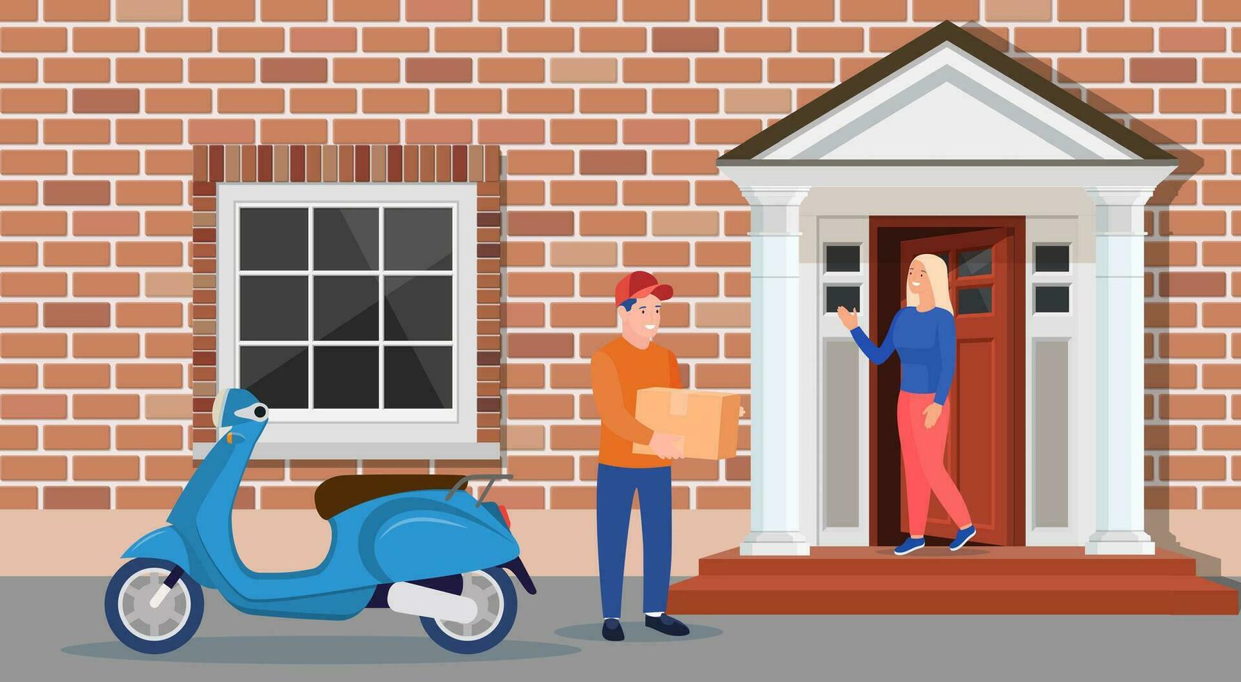 Man left cardboard boxes with goods near house facade. Courier character holds parcel. Carton delivery packaging closed box. Free and fast shipping. Vector illustration in flat style