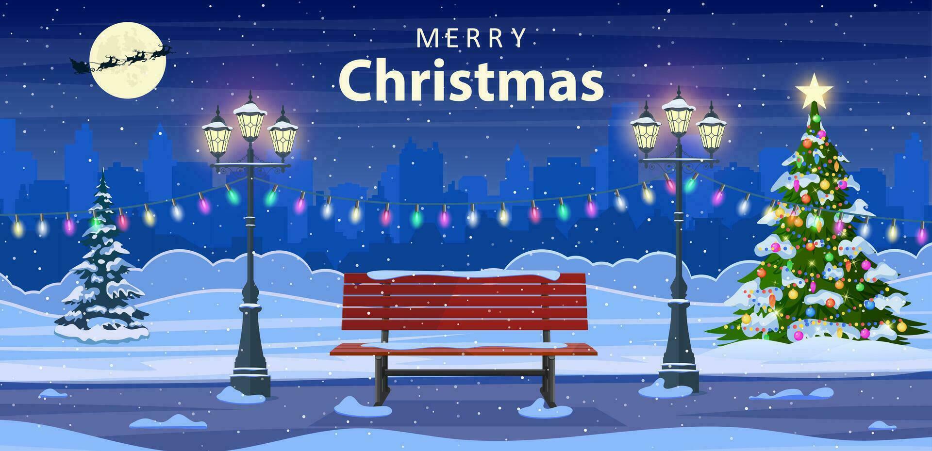 Cartoon Christmas in night city park, empty public garden with decorated fir-trees, bench and lighting garlands. Winter cityview landscape, vector