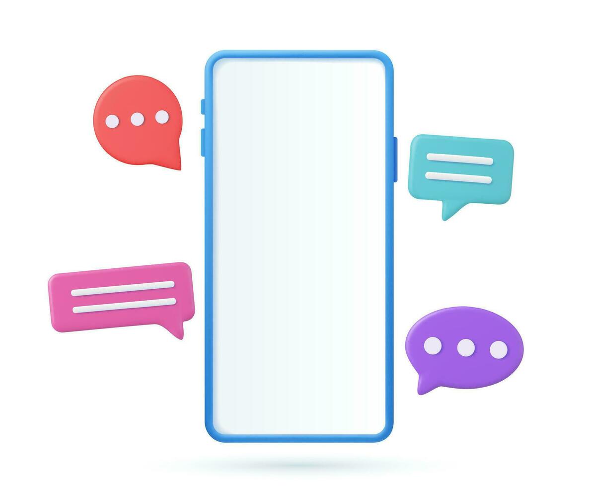 3D render smartphone with floating chat bubbles, social media chat app trendy. concept of online talking, conversation, discussion. Vector illustration