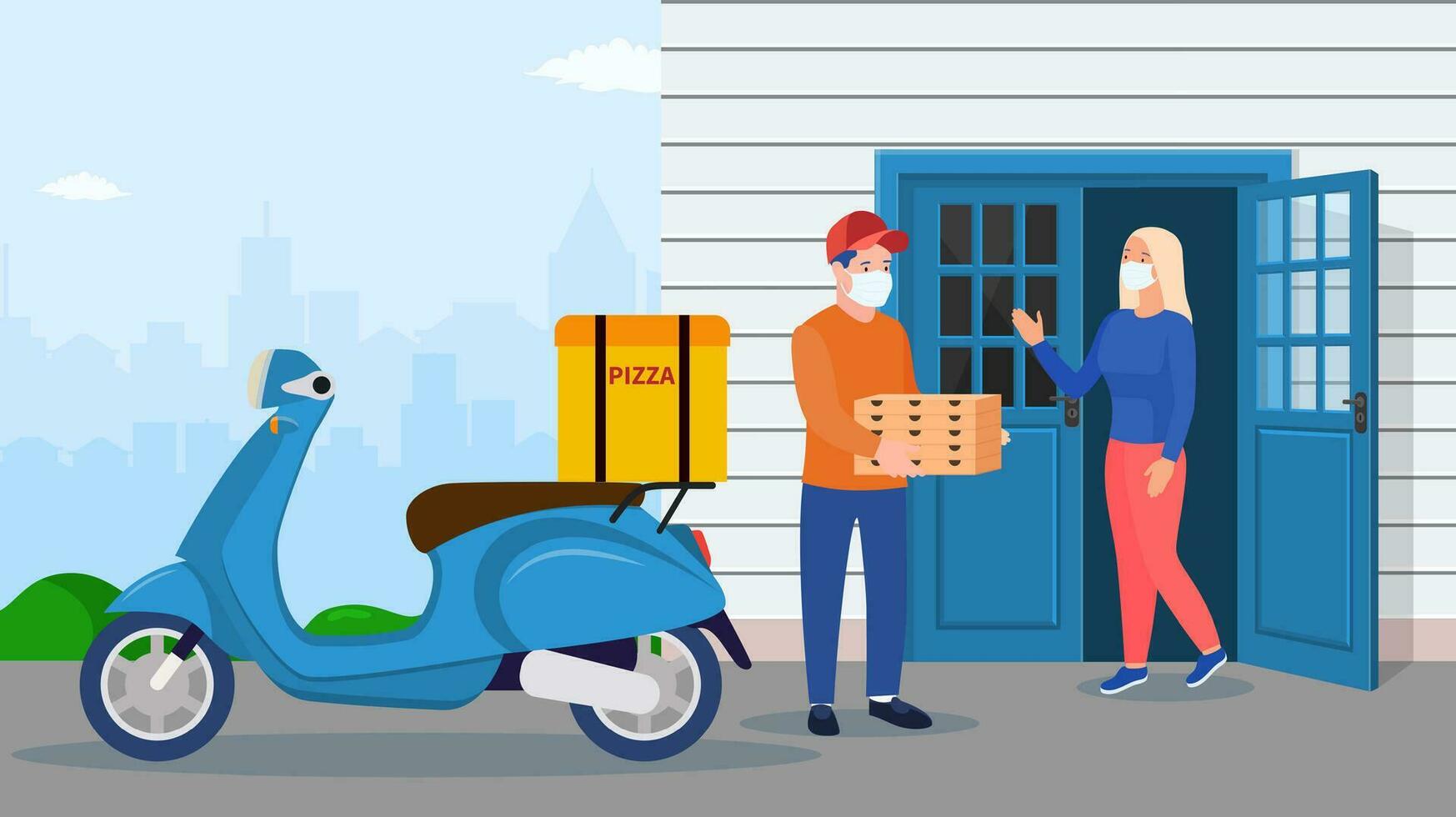Safe pizza delivery at home during coronavirus. man bringing a pile of pizza boxes near house facade. Courier character holds pizza. Free and fast shipping. Vector illustration in flat style
