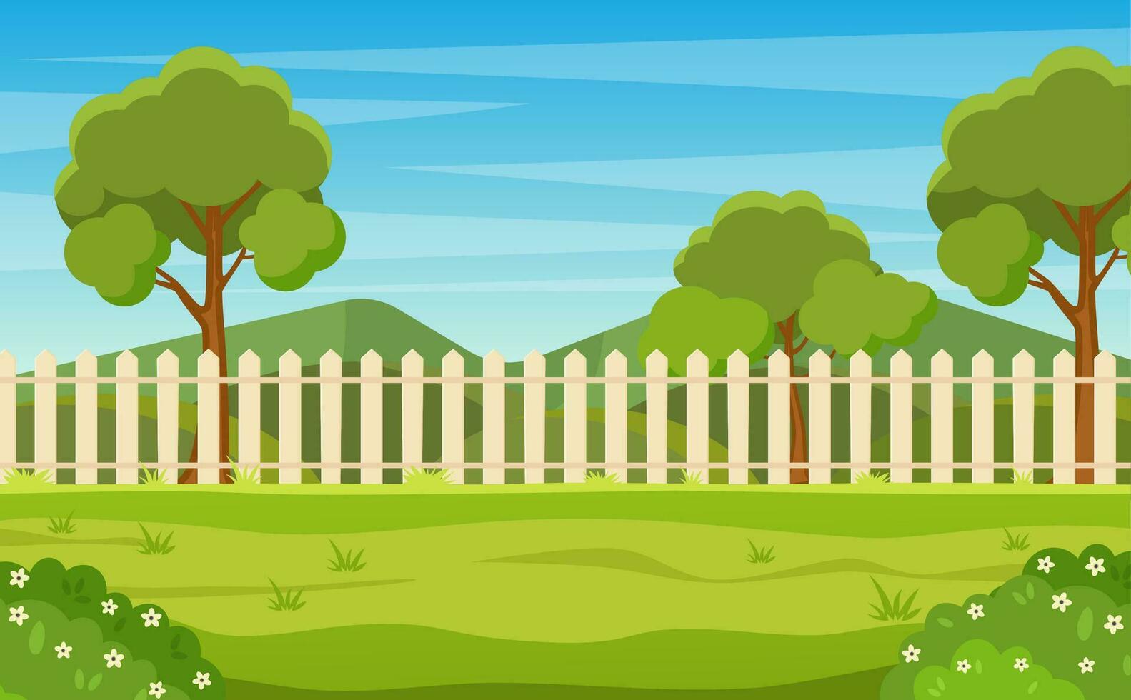 Garden backyard with wooden fence hedge, green trees and bushes, grass , park plants. Spring or summer landscape. Patio area for BBQ summer parties. Vector illustration in flat style