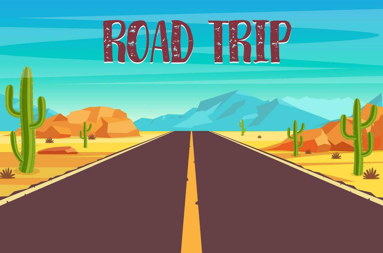 road trip.Empty highway road in desert. Sandy desert landscape with road rocks and cactuses. Summer western american landscape. highway in Arizona or Mexico hot sand. Vector illustration in flat style