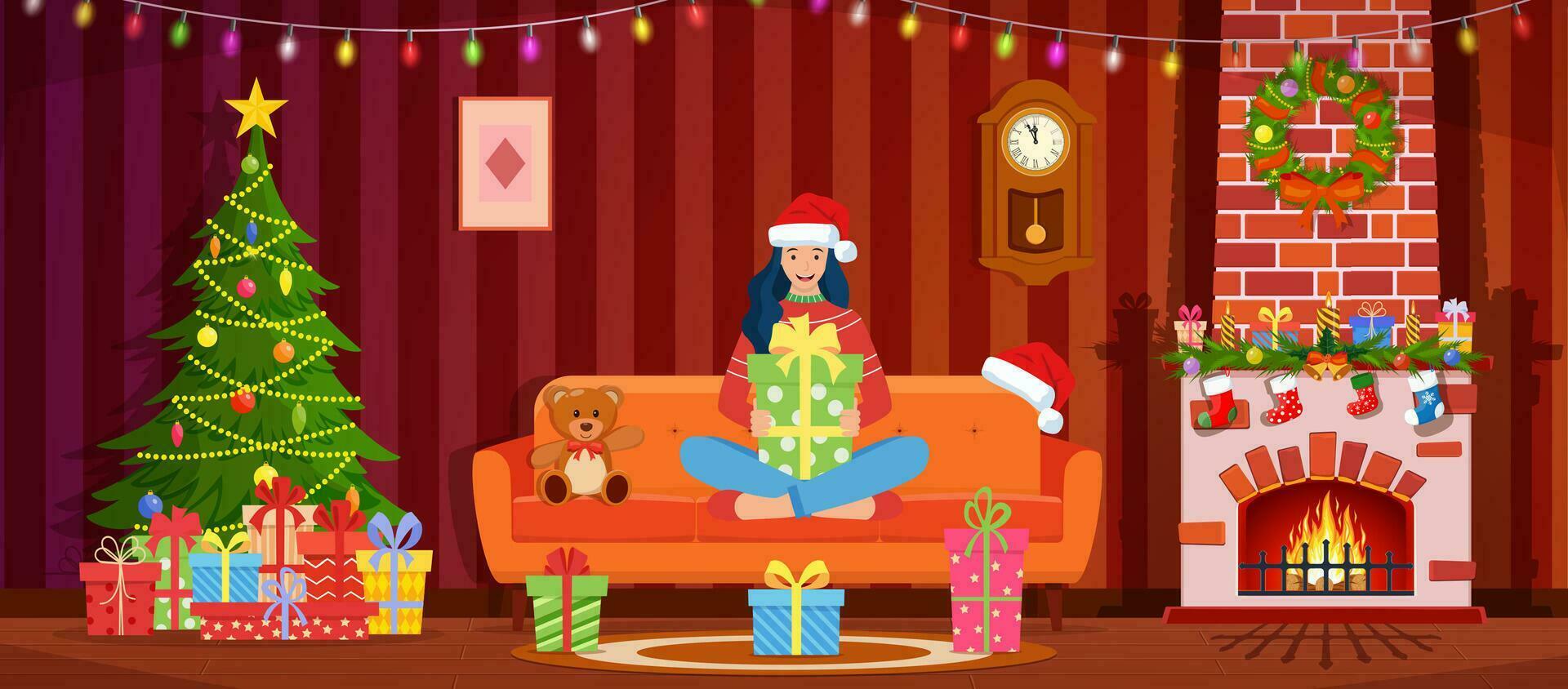 Cartoon Cozy Interior of Living Room with Woman on Sofa, Fireplace, Christmas Tree. Happy New Year Decoration. Merry Christmas Holiday. New Year and Xmas Celebration.Vector illustration in flat style vector