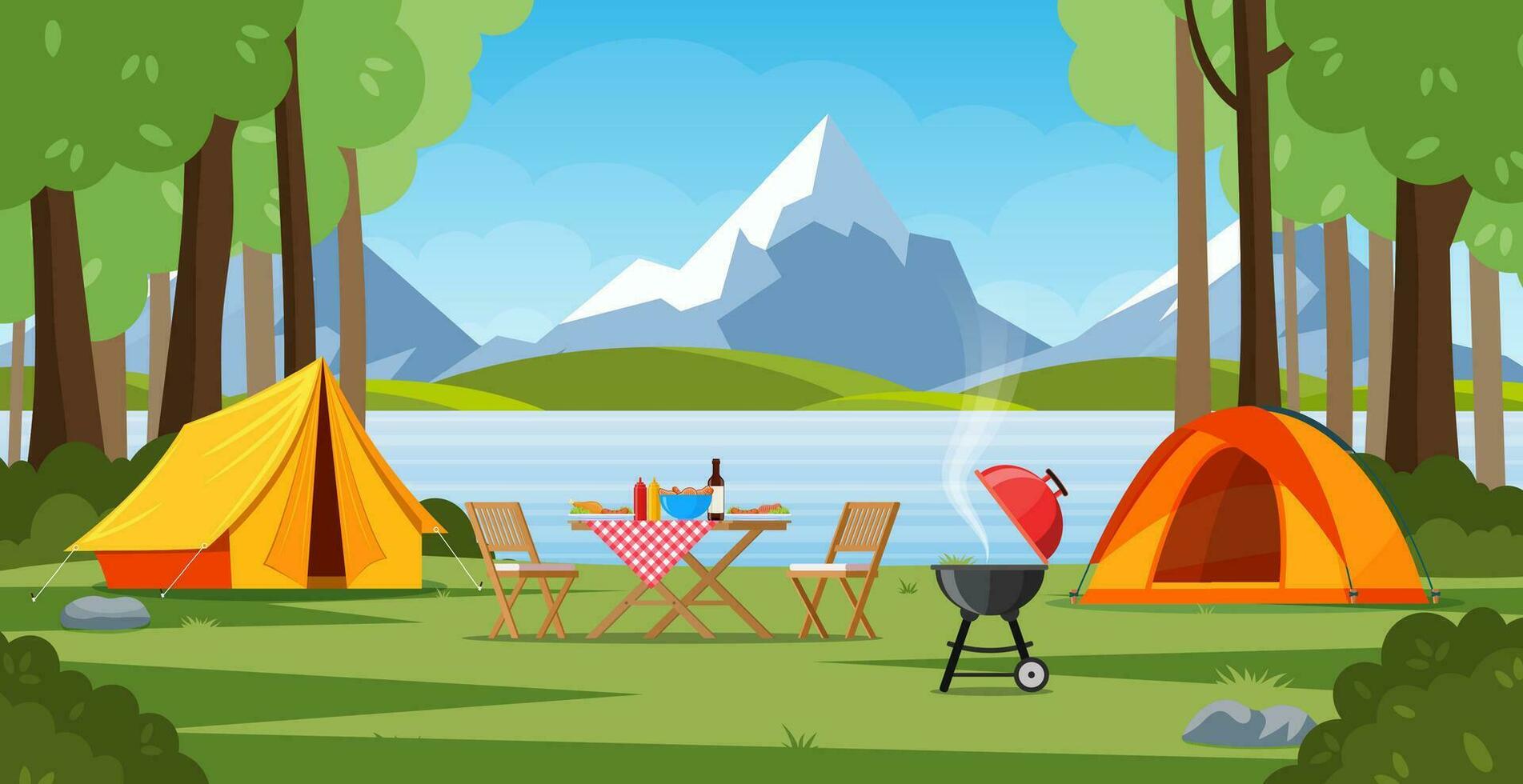 Camping tent near the lake and mountains. Summer or spring landscape. Cartoon tourist camp with picnic spot and tent among forest, mountain landscape. Vector illustration in flat style