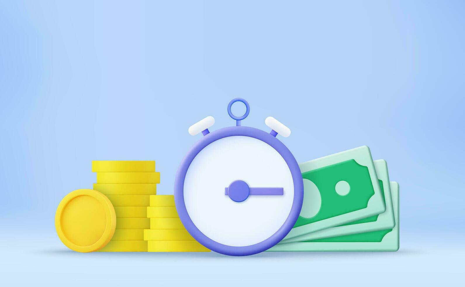 Time is money, business and finance concept. Quick payment, clock and cash, fast loan, easy credit. Time money saving. Timer and finance. Quick money. 3d rendering. Vector illustration