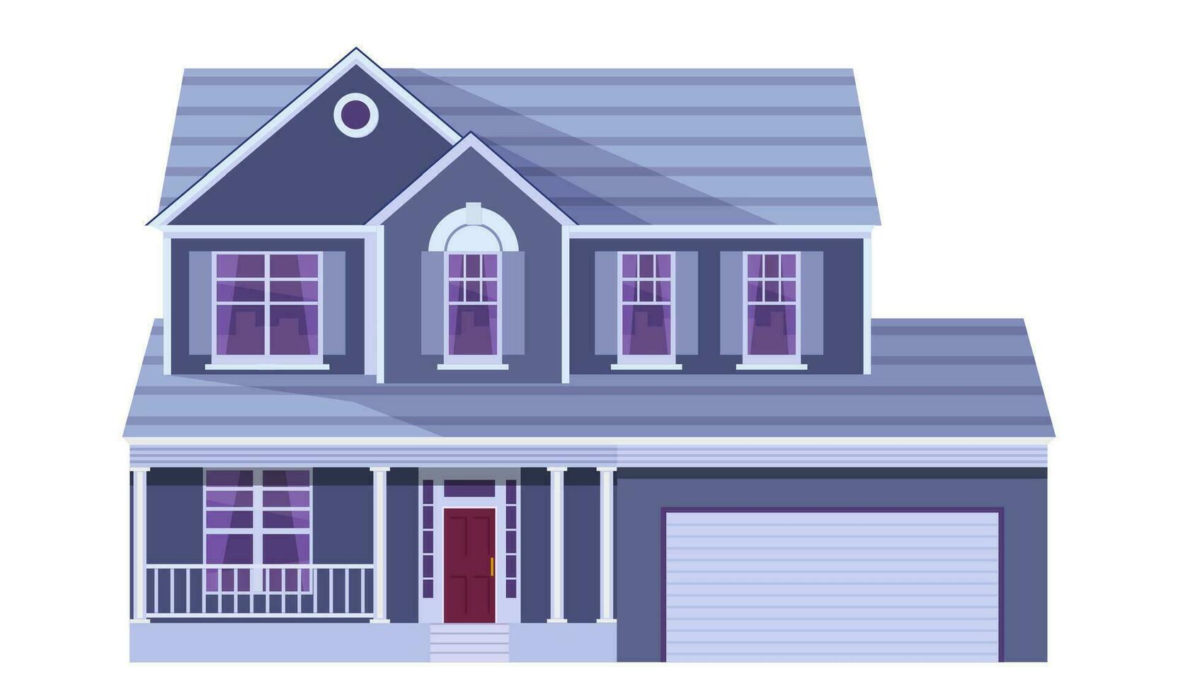 cute cartoon house. Two storey dwelling place with garage. Townhouse building. Home facade with door and windows. Vector illustration in flat style