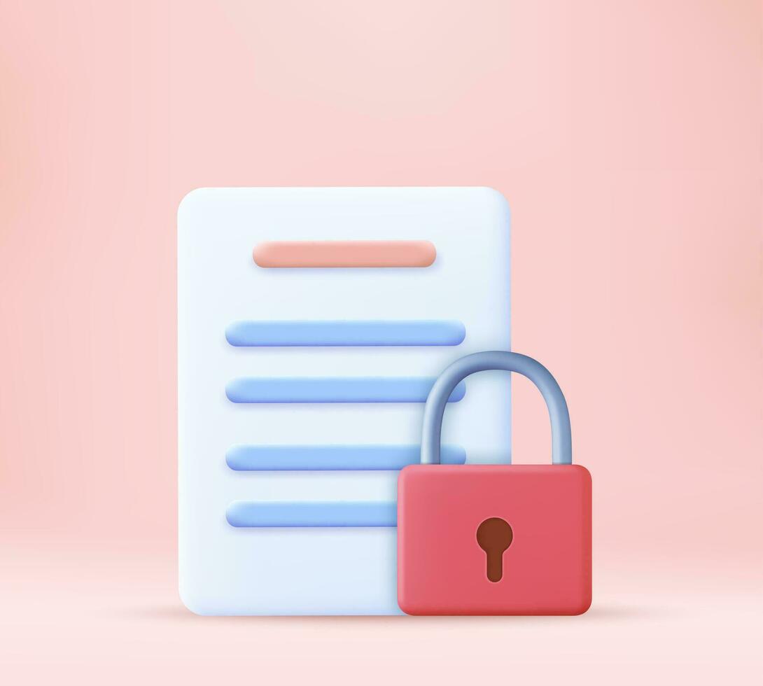 3d document security shield lock icon. concept for data information protection. 3d render privacy firewall encryption. concept for digital cyber data internet network secure. Vector illustration