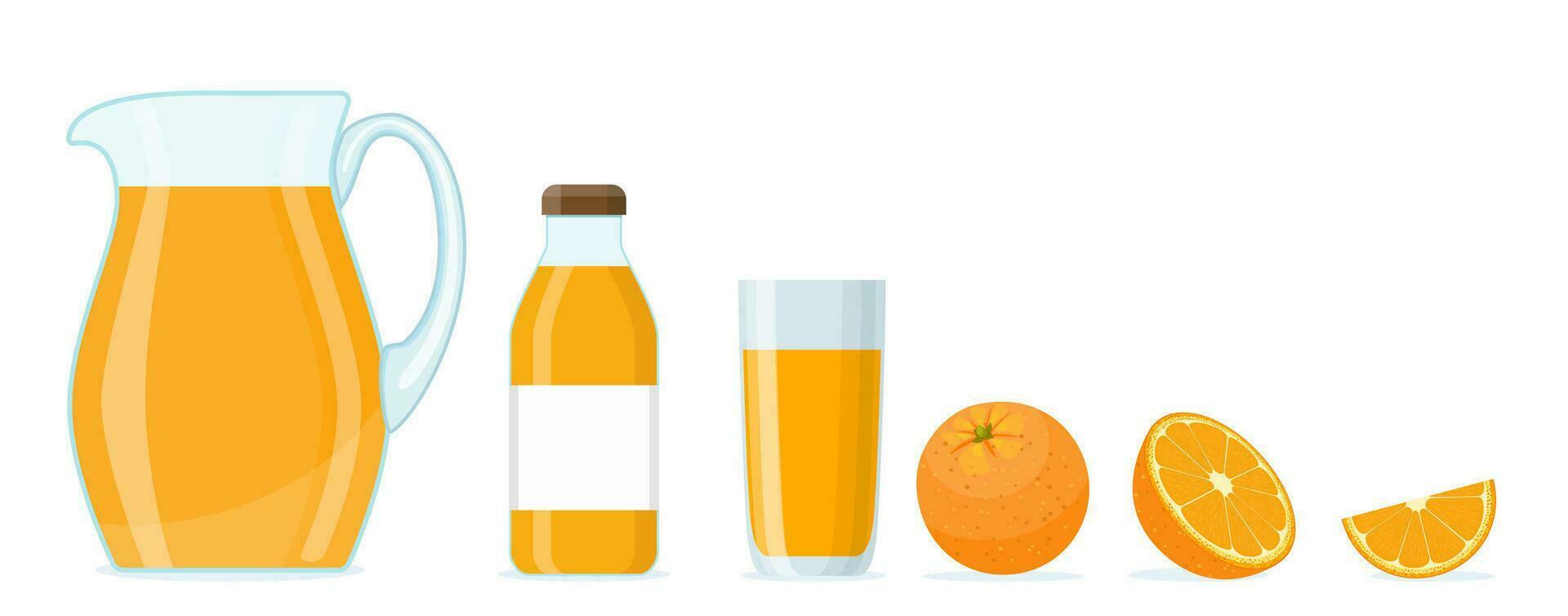 Orange juice set isolated on white background.. Cartoon orange juice in jar and glasses with ripe fruits. Vector illustration in flat style