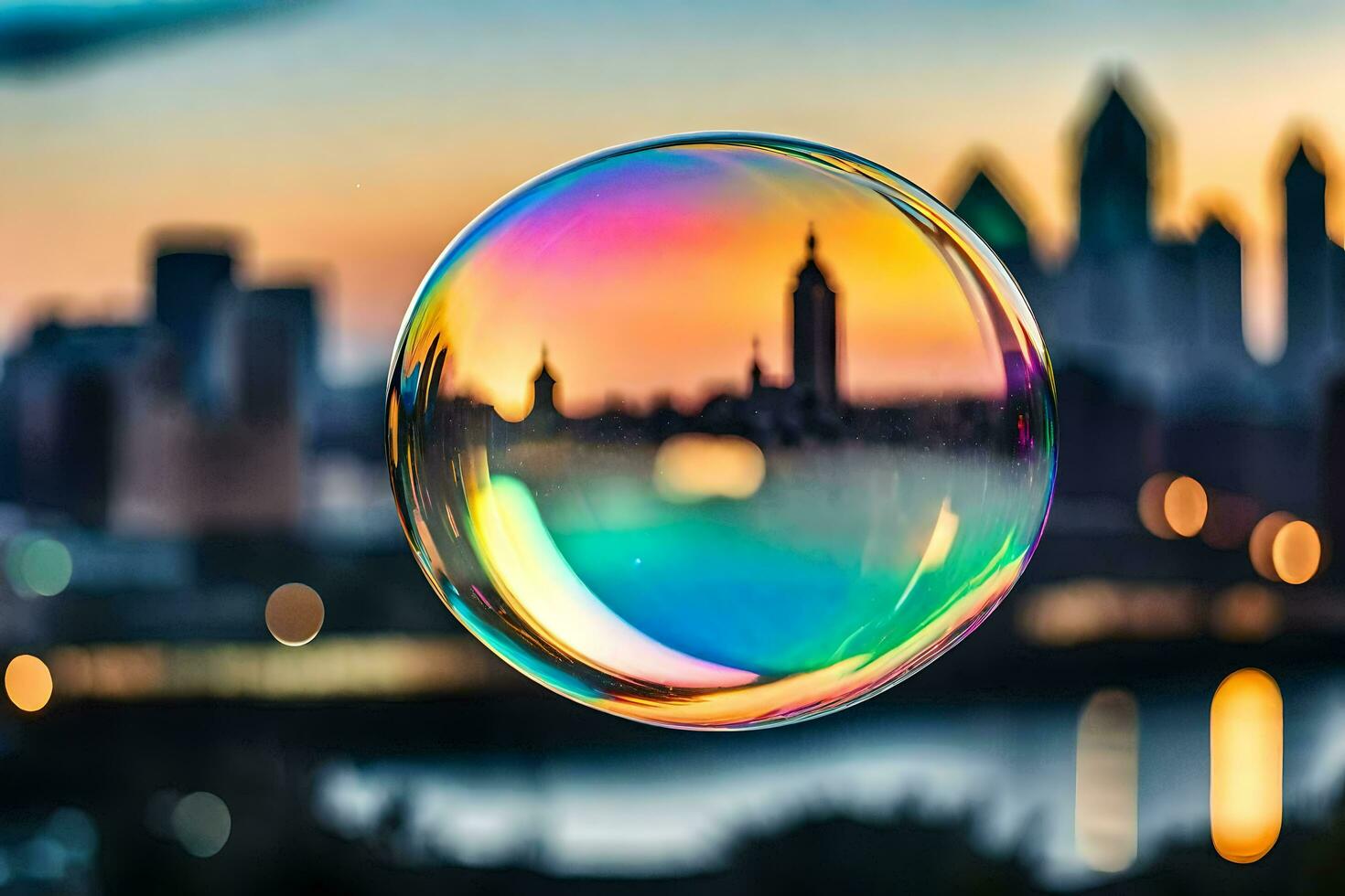 AI generated a soap bubble with a city in the background photo
