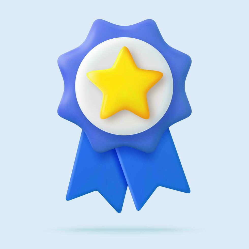 3d Winner medal with star and ribbon. Cartoon minimal style. Premium quality, quality guarantee symbol. 3d rendering Certificate Blank badge icon. Vector illustration
