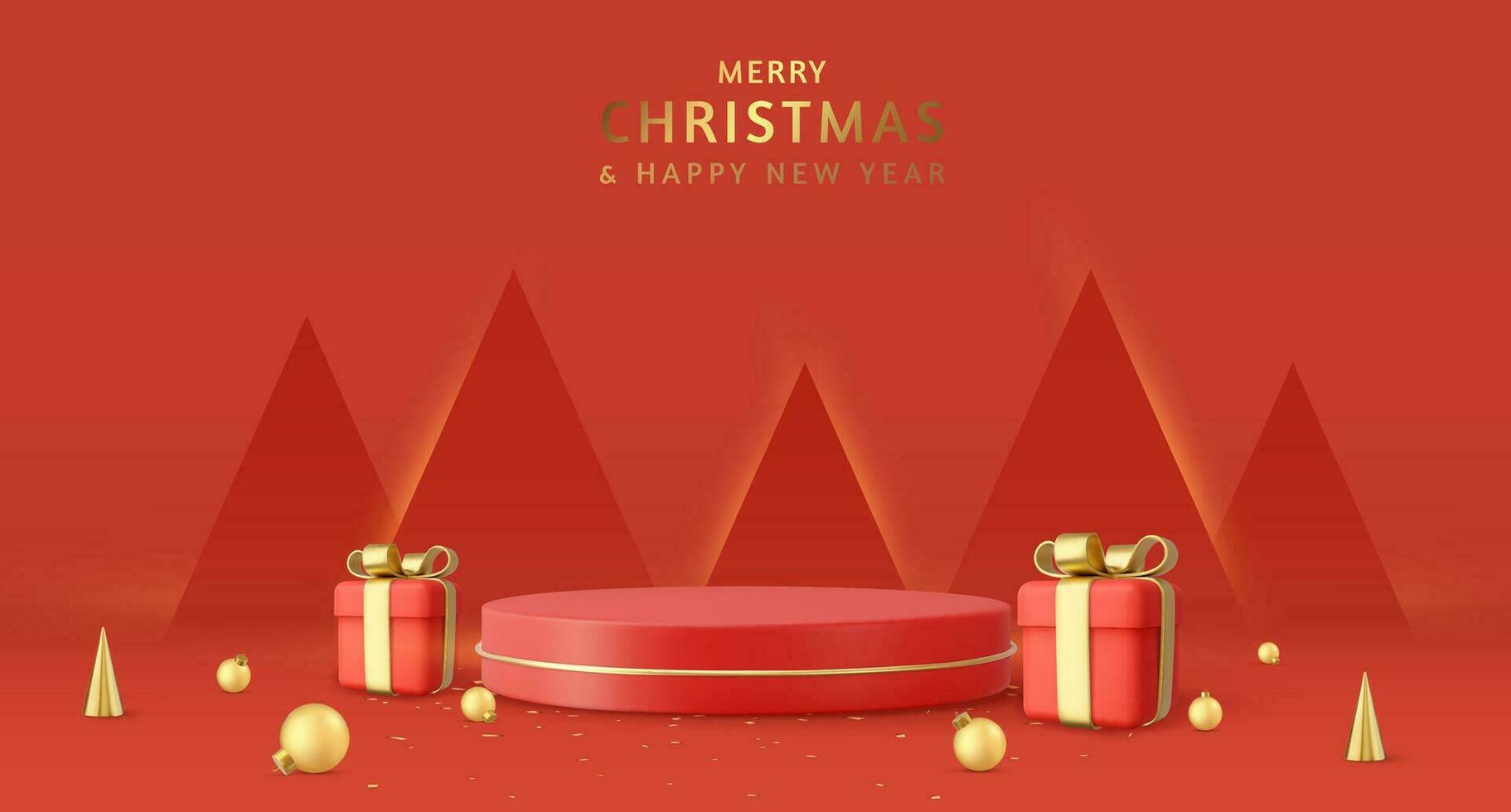 3d Navidad y nuevo año redondo podio estudio con 3d chuchería pelotas, cono árboles, regalo caja. creativo fiesta modelo. Navidad invierno composición. bandera y web póster. 3d representación. vector ilustración