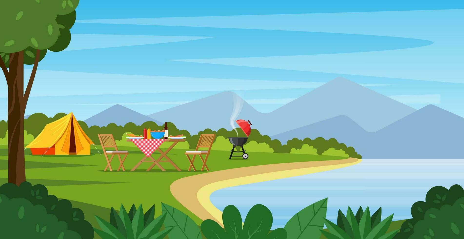 Camping tent near the lake and mountains. Summer or spring landscape. Cartoon tourist camp with picnic spot and tent among forest, mountain landscape. Vector illustration in flat style