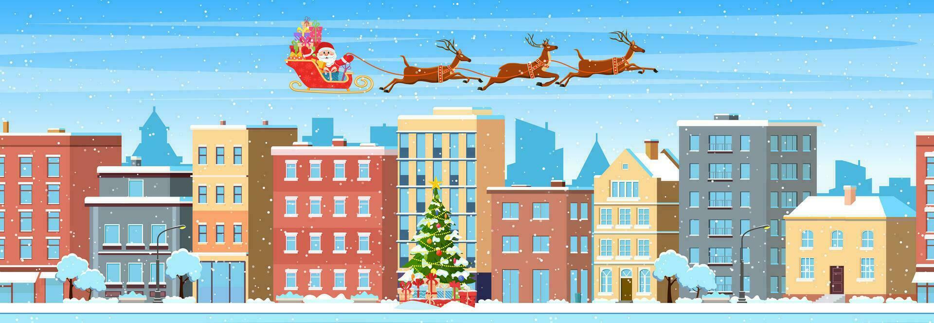 happy new year and merry Christmas winter town street. christmas town city panorama.Santa Claus with deers in sky above the city. Vector illustration in flat style