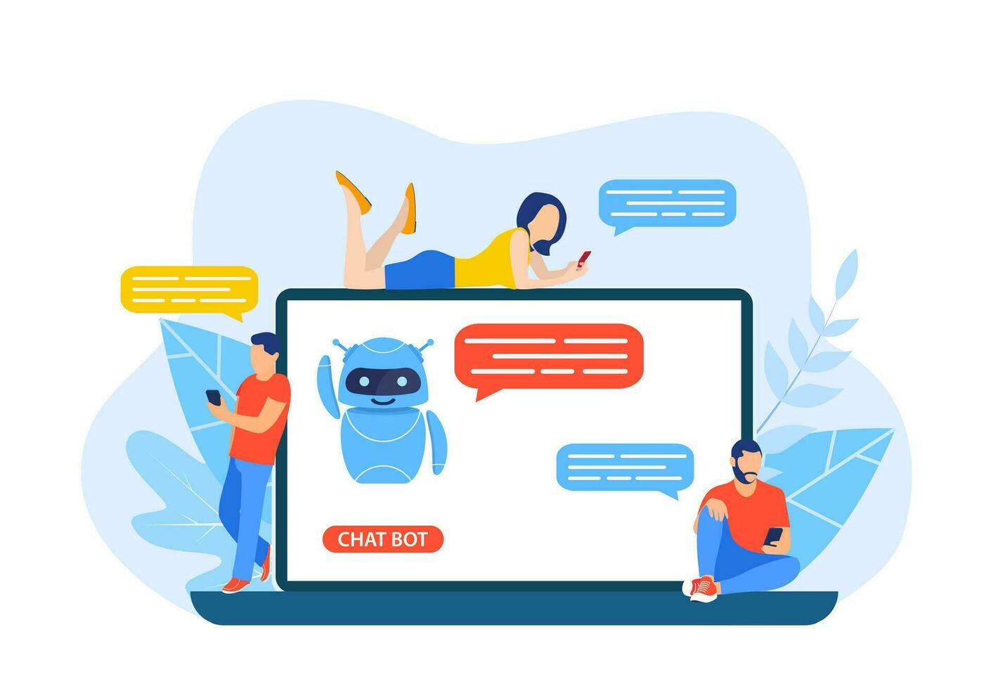 Talking to a chatbot online on laptop computer. Communication with a chat bot. Customer service and support. Artificial intelligence concept. vector