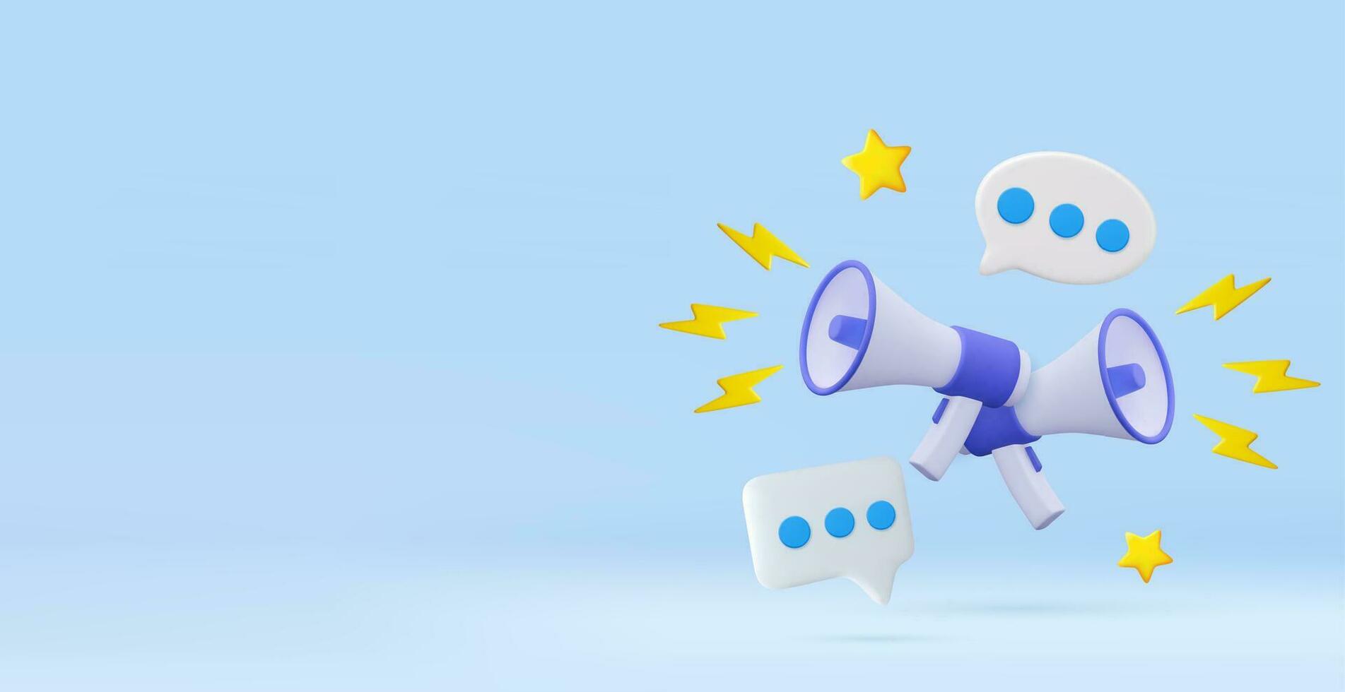 3d megaphone loudspeaker with messages icon. Marketing or advertising concept. 3D Rendering. Vector illustration
