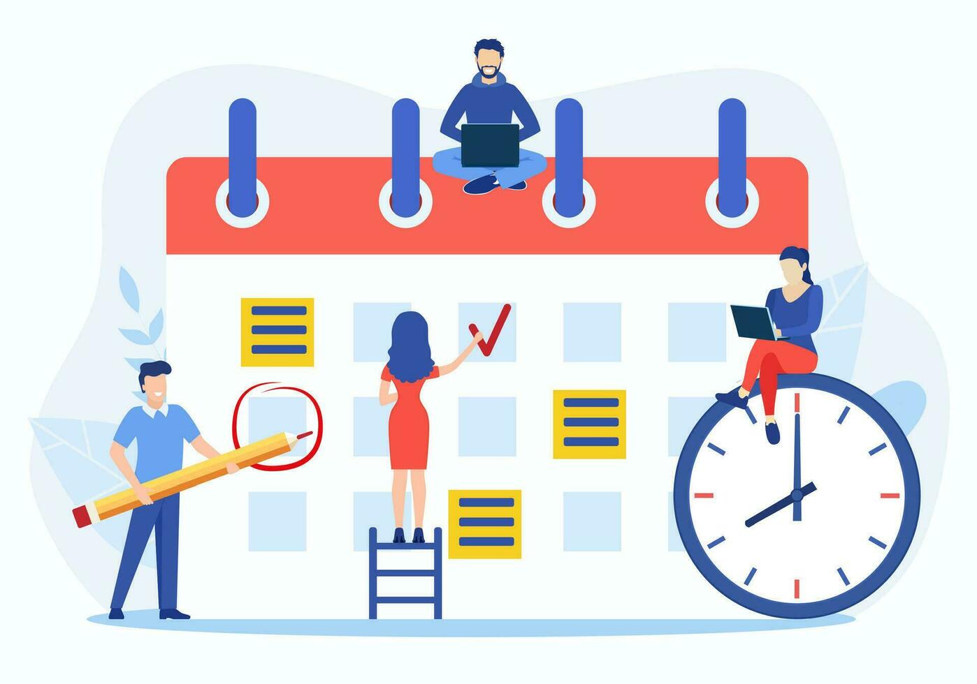 Planning schedule, business event and calendar concept. People with schedule, pen and notes organize meeting. Planning strategy and time management. Vector illustration in flat style