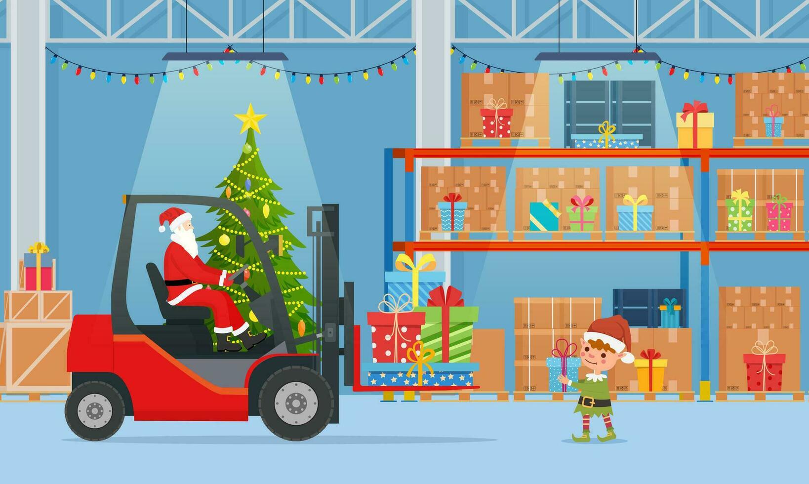 Santa Claus in Red Forklift Loaded with Christmas Tree. Christmas Presents Delivery and Shipping. Merry Christmas Holiday. New Year and Xmas. Vector illustration in flat style