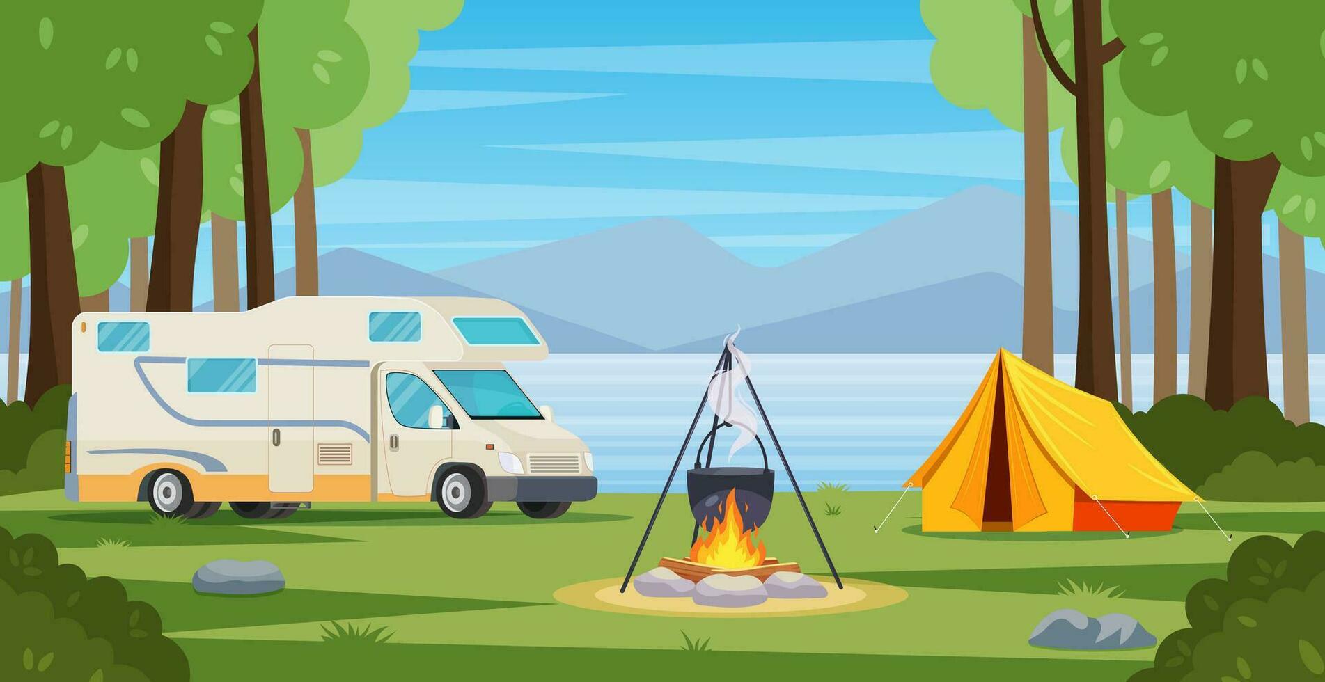 Summer camp in forest with bonfire, tent, van,backpack. cartoon landscape with mountain, forest and campsite. Equipment for travel, hiking. Vector illustration in flat style