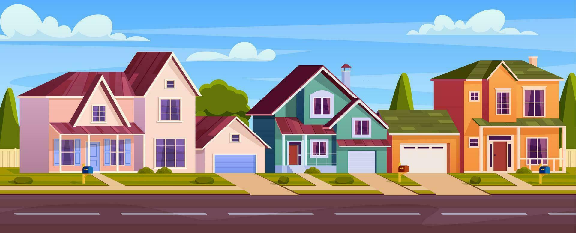 Rural cottages, suburban street with modern buildings with garages and green trees. Home facades withasphalt road in front of yards. Vector illustration in flat style