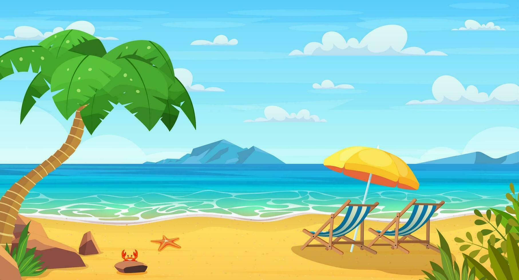 Sea beach and sun loungers. Seascape, vacation banner. Summertime on the beach. cartoon Palms and plants around. Summer vacation on sea coast. Vector illustration in flat style