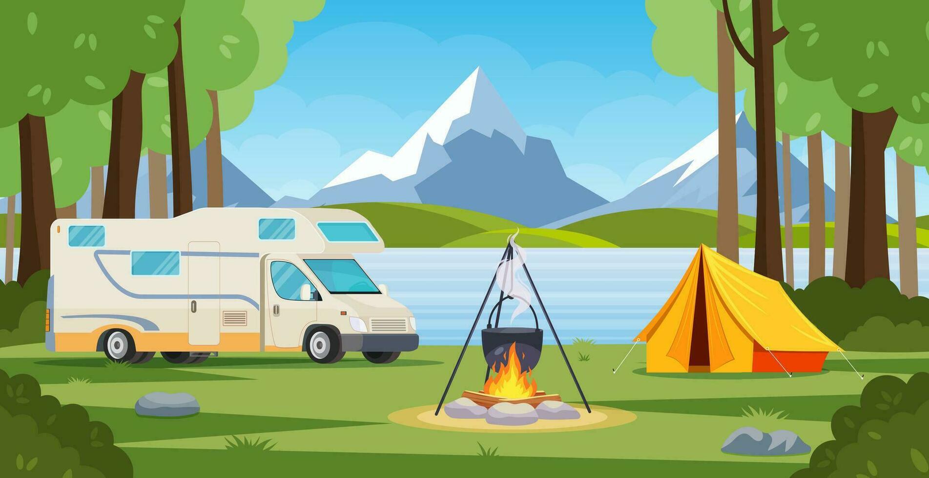 Summer camp in forest with bonfire, tent, van,backpack. cartoon landscape with mountain, forest and campsite. Equipment for travel, hiking. Vector illustration in flat style