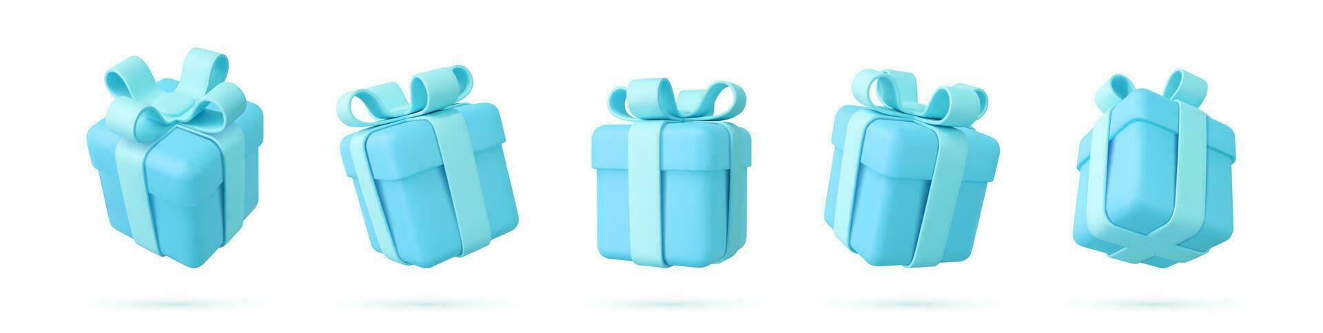 Set of Realistic christmas gifts boxes isolated on a white background. five gift boxes with bows and ribbons. Holiday decoration presents. Festive gift surprise. 3d rendering. Vector illustration