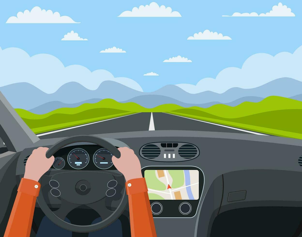 ver de el la carretera desde el coche interior. vehículo salón, dentro coche conductor . conducción simulador .manos en direccion rueda. coche ver direccion y parabrisas. vector ilustración en plano estilo