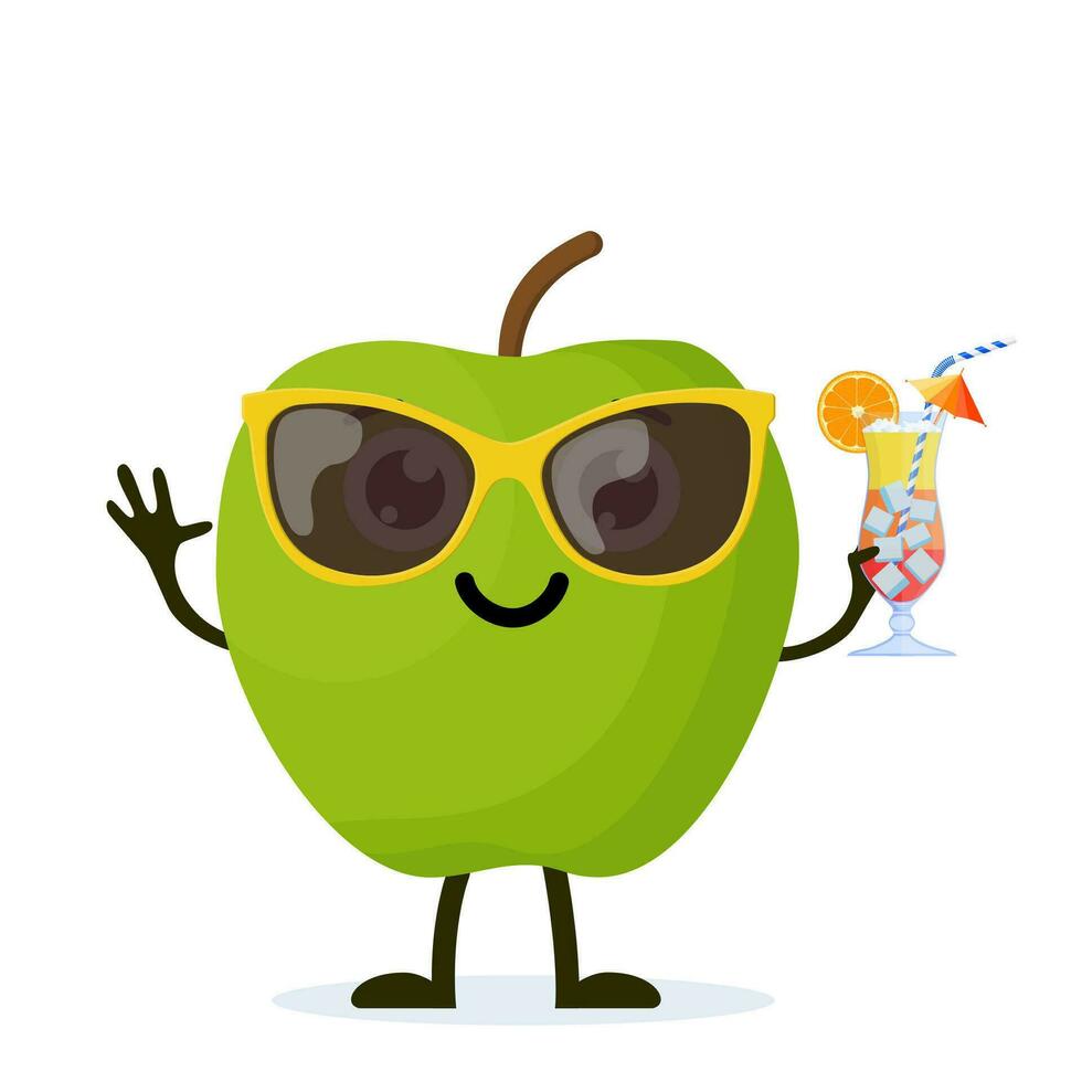 Funny apple character with human face and cocktail glass having fun at party. Colorful summer design. Vector illustration in flat style