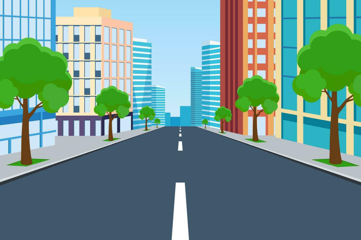 Road Empty City Street. highway cityscape, modern big skyscrapers town. Vector illustration in flat style