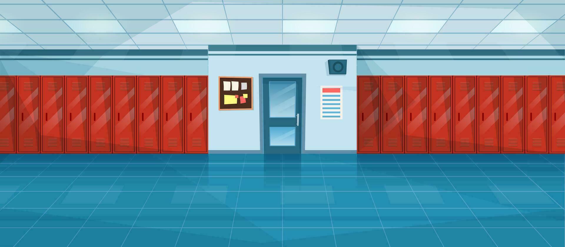 Empty School Corridor Interior With Row Of Lockers,closed door to classroom. Horizontal Banner. cartoon College campus hall or university lobby. Vector illustration in a flat style
