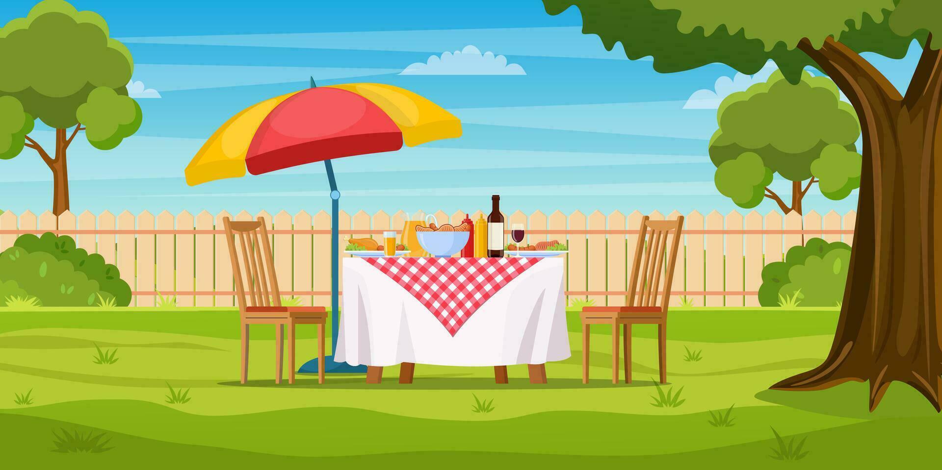 parilla fiesta en el patio interior con cerca, árboles, arbustos picnic con parilla en verano césped en parque o jardín comida en mesa, sillas y sombrilla. vector ilustración en plano diseño