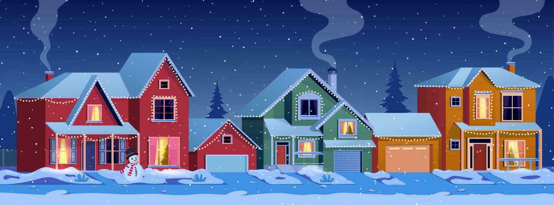 Urban or suburban neighborhood at night cartoon winter landscape street with snow on roofs, houses with lights. Vector illustration in a flat style