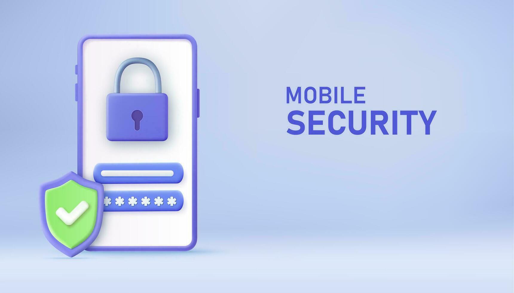 3d Mobile phone protection system. Smartphone security concept. Banner with phone, padlock, passcode and shield. Account safety and security concept. 3d rendering. Vector illustration