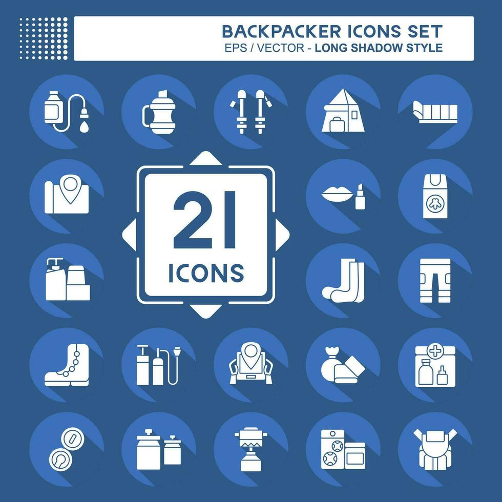 Icon Set Backpacker. related to Holiday symbol. long shadow style. simple design editable. simple illustration vector