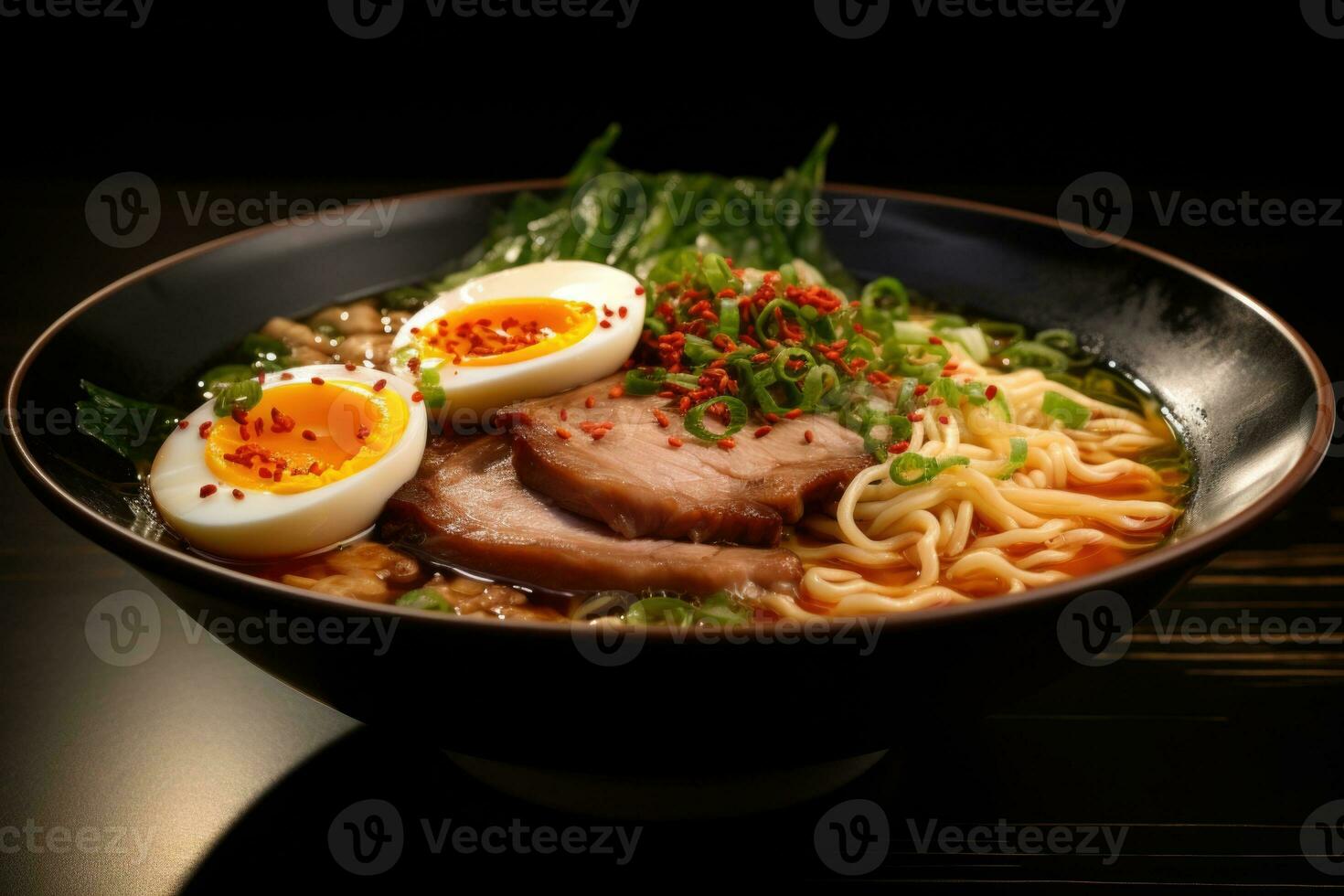 AI generated A flavorful bowl of ramen with tender slices of pork, soft-boiled egg, nori, and scallions in a rich broth. Generative AI photo
