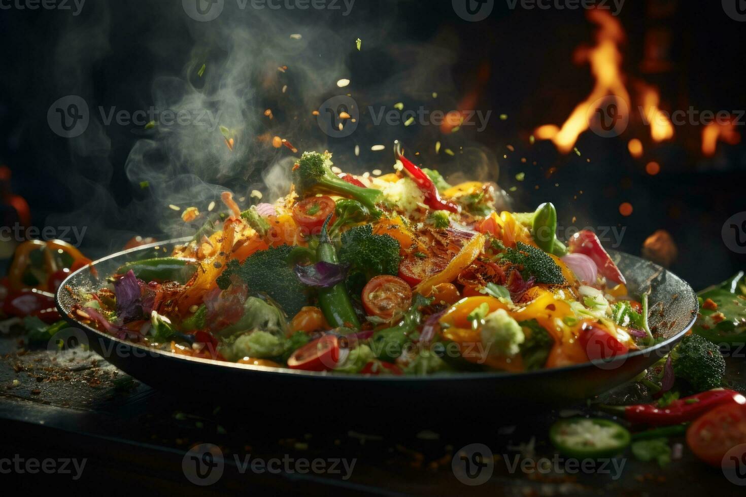 AI generated An artistic close-up of vibrant vegetables being tossed in a pan, capturing the sizzling and vibrant colors. Generative AI photo