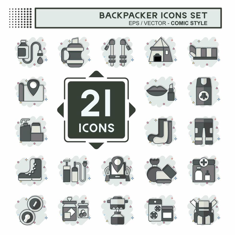 Icon Set Backpacker. related to Holiday symbol. comic style. simple design editable. simple illustration vector