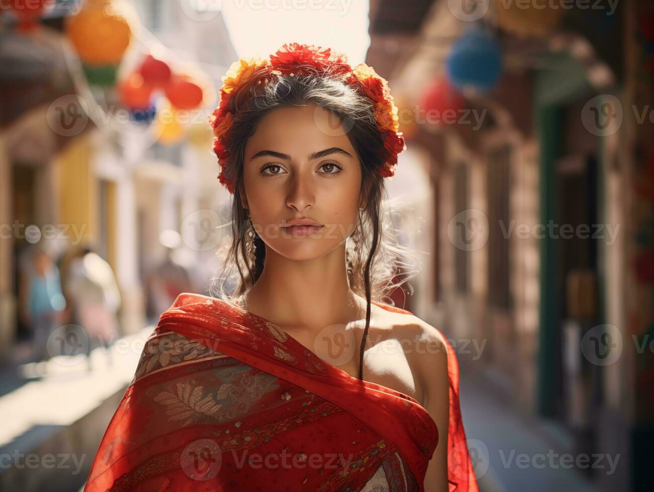 AI generated Latin American, Mexican girl in a national costume on the street of a Latin American city on sunny day. National Festival. Photorealistic, background with bokeh effect. AI generated. photo