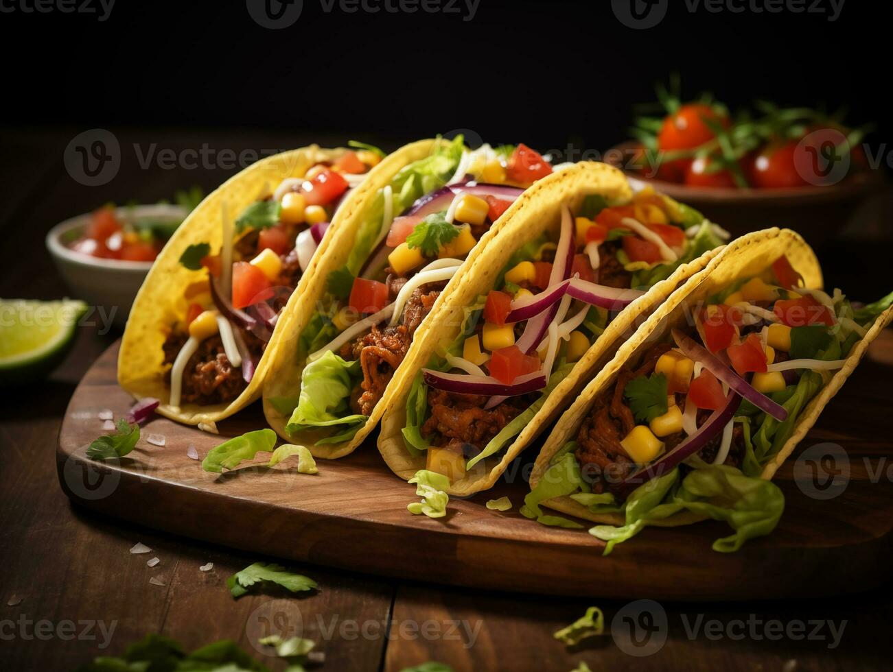 AI generated Delicious Mexican tacos with meat and vegetables. Traditional food, Latin American, Mexican cuisine. Photorealistic, background with bokeh effect. AI generated. photo