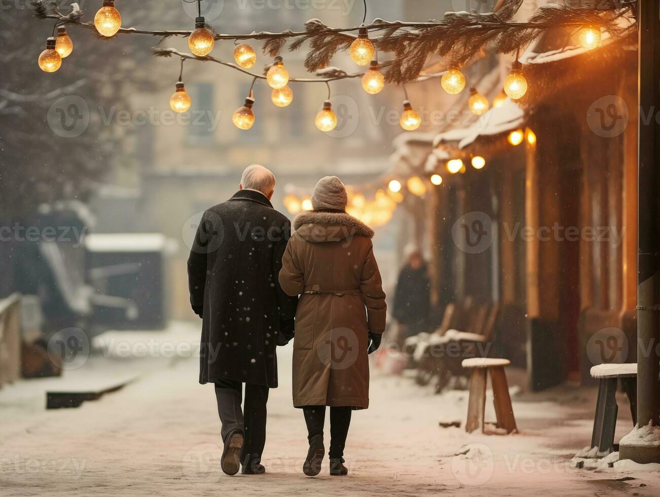 AI generated An elderly couple walks hand in hand along a snowy street. The view from the back. The love of the elderly, winter holidays. AI generated illustration. photo