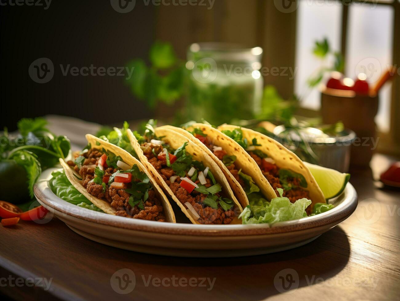 AI generated Delicious Mexican tacos with meat and vegetables. Traditional food, Latin American, Mexican cuisine. Photorealistic, background with bokeh effect. AI generated. photo