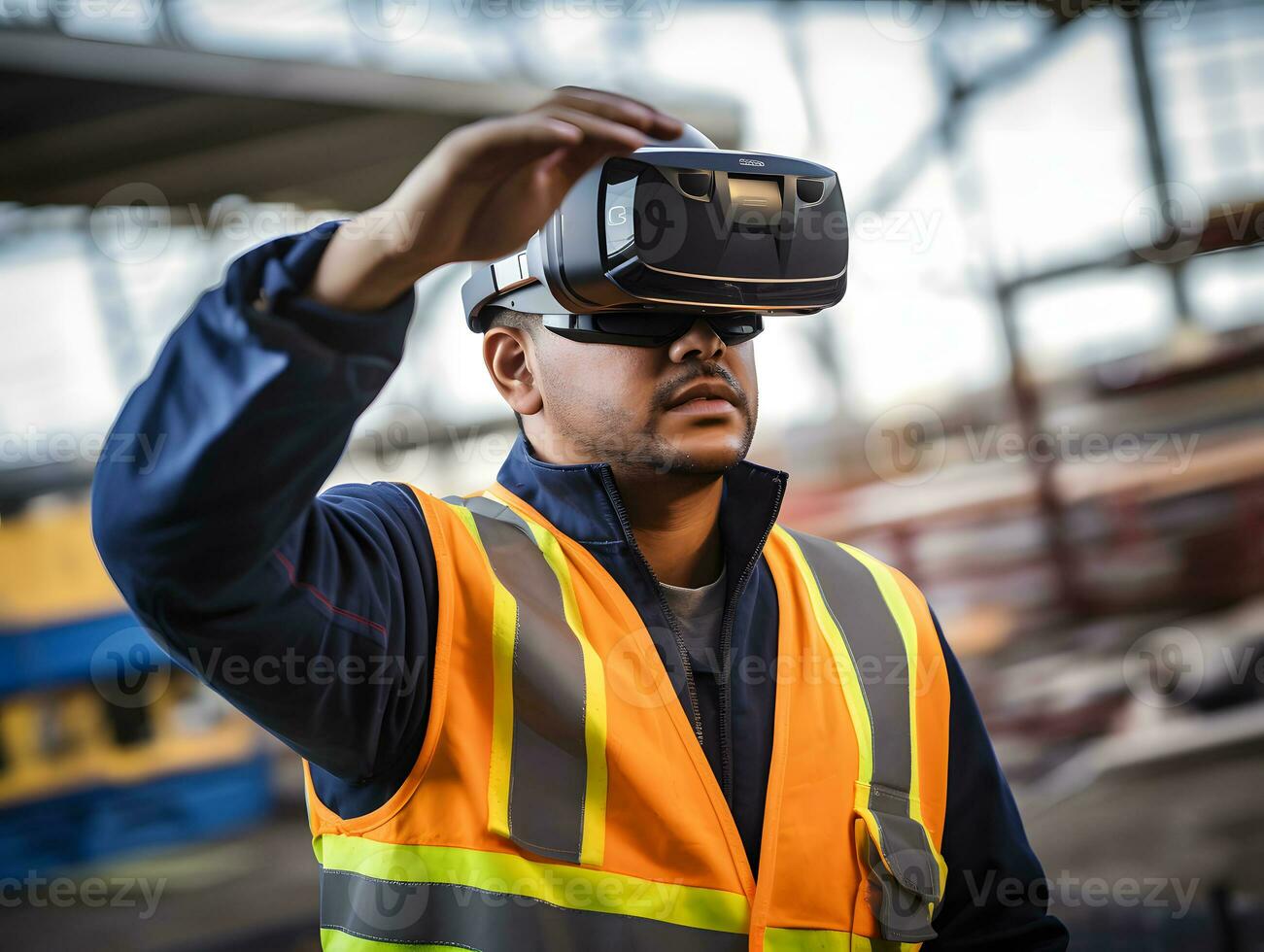 AI generated A futuristic architectural engineer, civil engineer wearing an augmented reality headset and overalls on a construction site. Building structures in the background. AI generated. photo