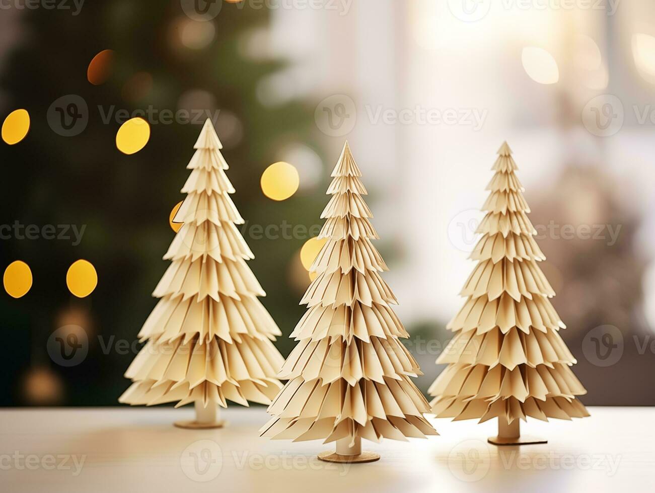 AI generated Homemade paper decorations in the form of Christmas trees for Christmas. Handmade, winter, holidays, photorealism. AI generated illustrations. photo