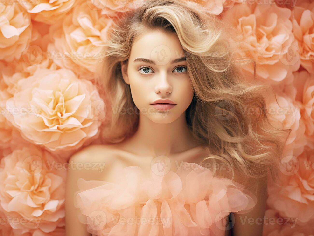 AI generated A young woman in a peach fuzz colored dress, on a background of peach fuzz color. Photorealistic illustration. AI generated. photo