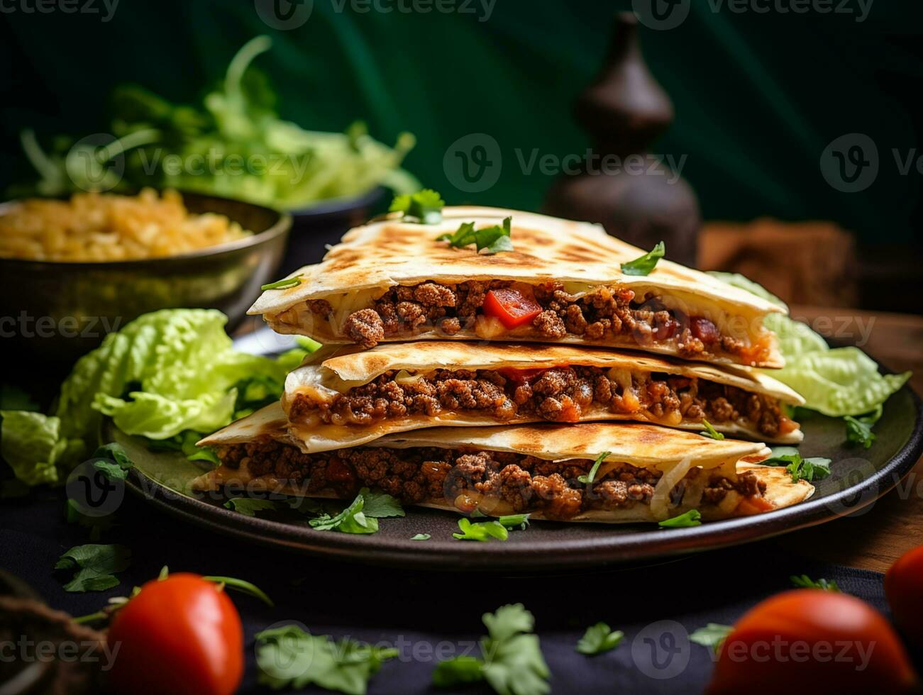 AI generated Delicious Mexican quesadilla with minced meat, vegetables and greens. Traditional food, Latin American, Mexican cuisine. Photorealistic, background with bokeh effect. AI generated. photo